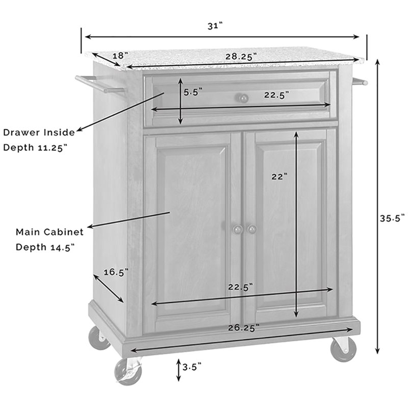 Catania Modern Gray Granite Top Portable Kitchen Cart in Black