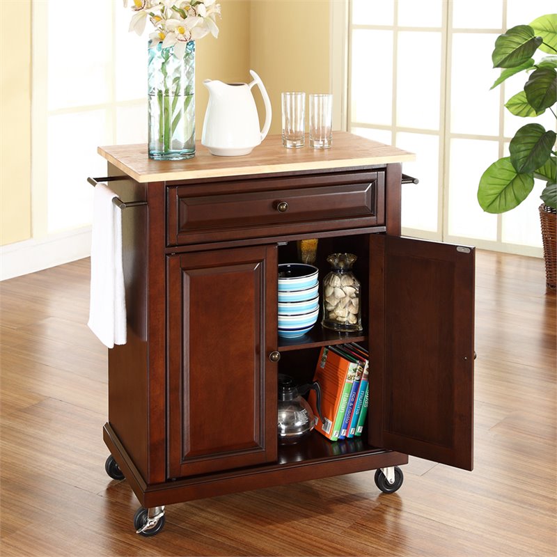 Catania Modern Natural Wood Top Portable Kitchen Cart in Mahogany