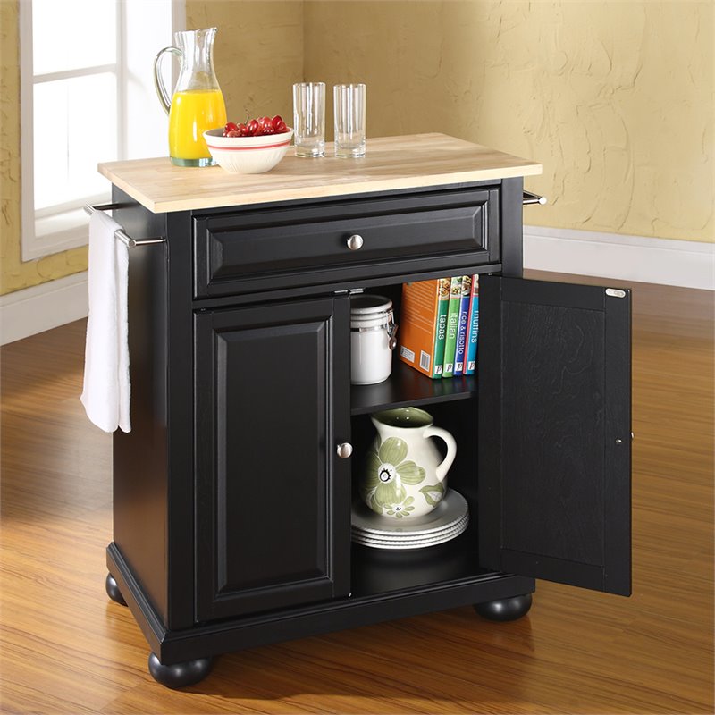 Catania Modern Natural Wood Top Portable Kitchen Island in Black