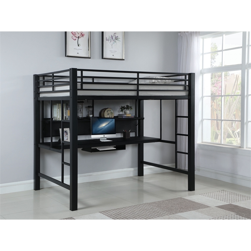 Bowery Hill Steel Metal Black Loft Bed Rectangular Full Size Workstation 80