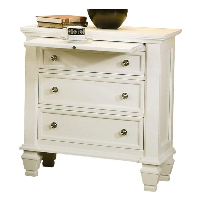 Bowery Hill Asian Hardwood White/Silver Nightstand Rectangular Felt-Lined Drawers 29.75