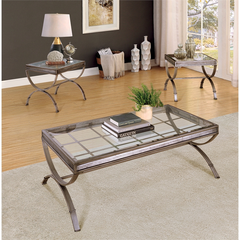 Bowery Hill Glass Silver Coffee and End Table Set Rectangular Contemporary 52