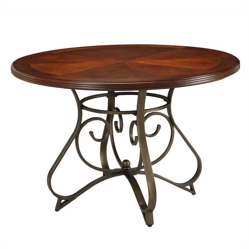 Bowery Hill Brushed Faux Medium Cherry and Matte Pewter Dining Set Round Upholstered 45