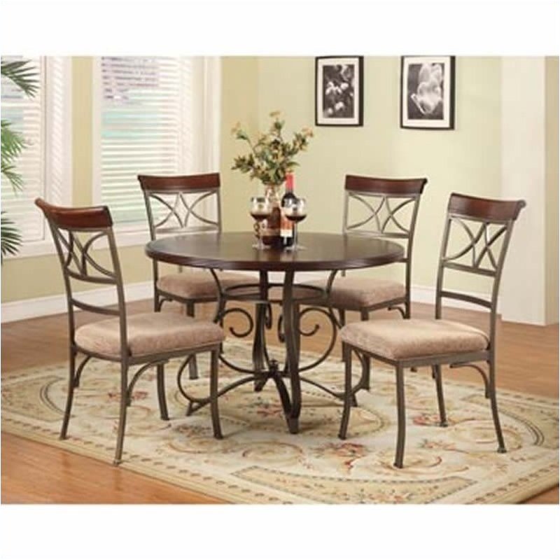 Bowery Hill Brushed Faux Medium Cherry and Matte Pewter Dining Set Round Upholstered 45