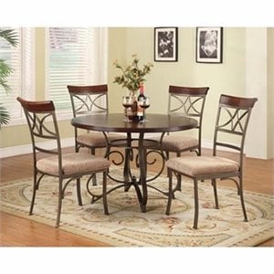 Bowery Hill Brushed Faux Medium Cherry and Matte Pewter Dining Set Round Upholstered 45&quot Unassembled
