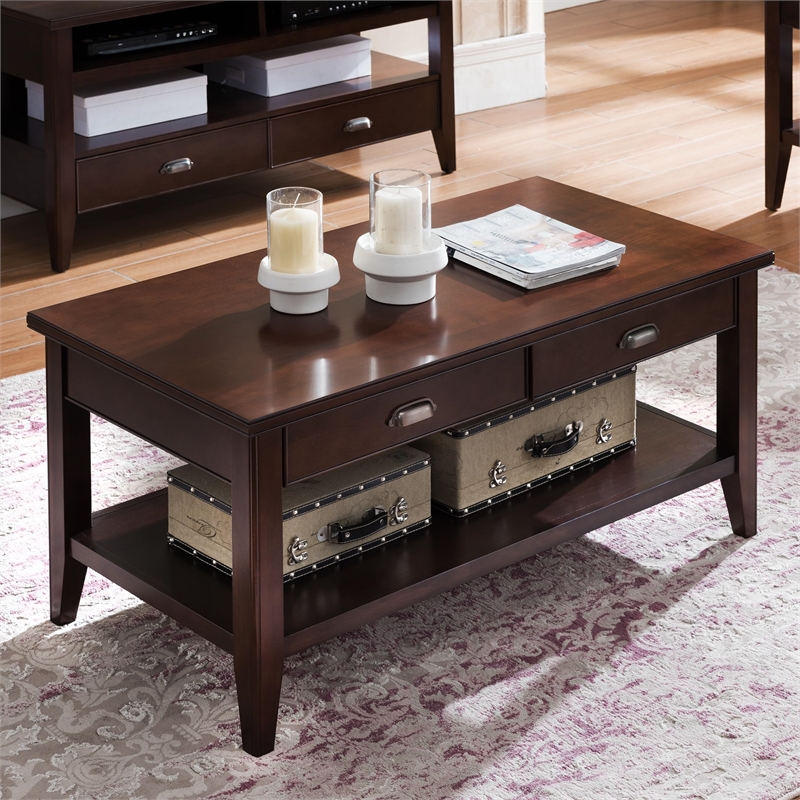 Bowery Hill Two Drawer Solid Wood Coffee Table in Chocolate Cherry