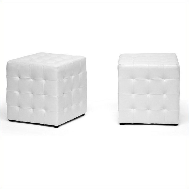Bowery Hill Faux Leather White Cube Ottoman Small Assembled