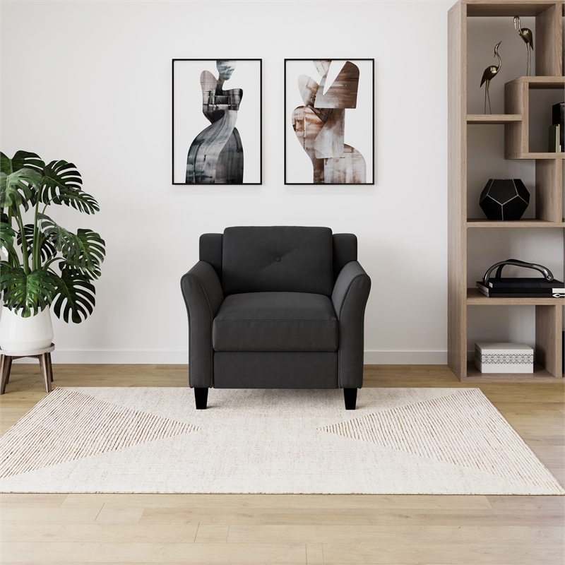 Bowery Hill Microfiber Black Chair Rectangular Curved Arms 25.2