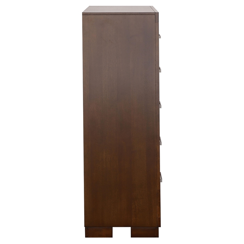 Bowery Hill 5 Drawer Contemporary Solid Wood Chest in Cappuccino/Silver