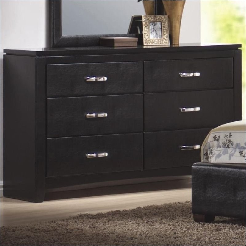 Bowery Hill Faux Leather 6 Drawer Dresser In Black Bowery Hill Faux Leather 6 Drawer Dresser In Black