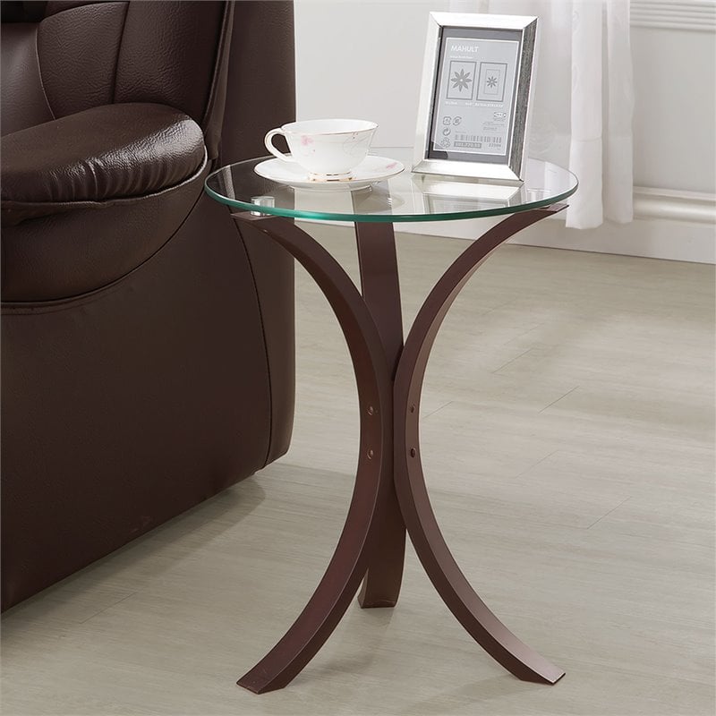 Bowery Hill Glass and Wood Cappuccino End Table Round Easy to Assemble 21.25