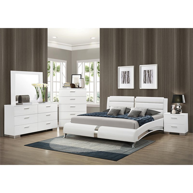 Bowery Hill Glossy White Nightstand Chrome 2 Drawer Modern