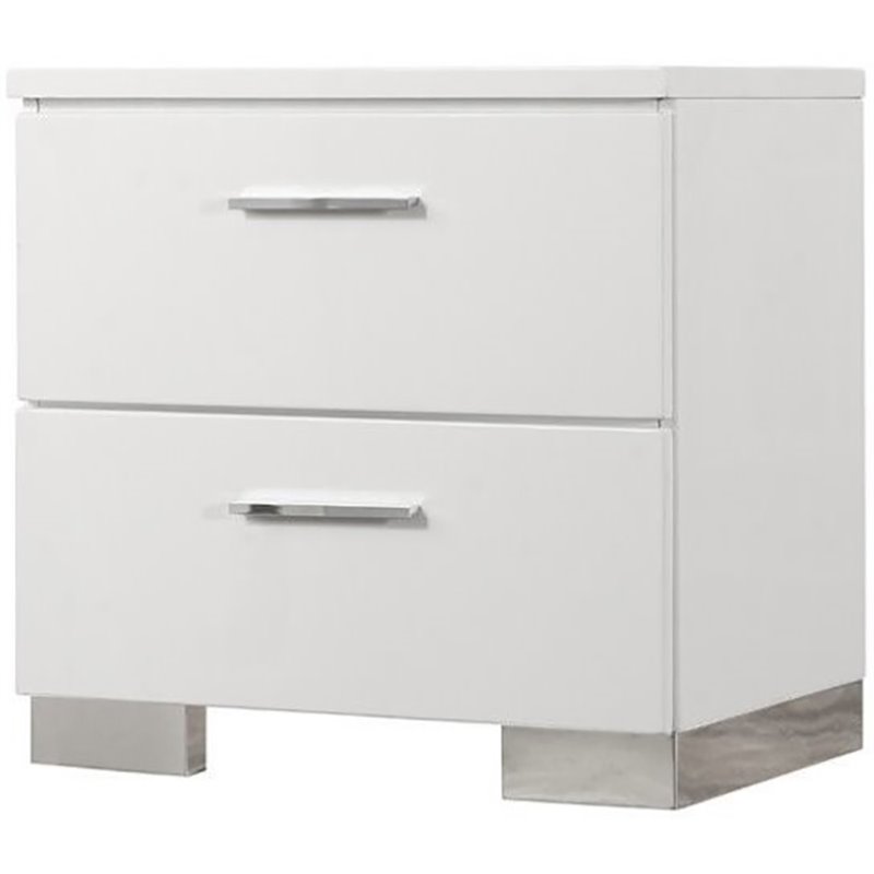 Bowery Hill Glossy White Nightstand Chrome 2 Drawer Modern