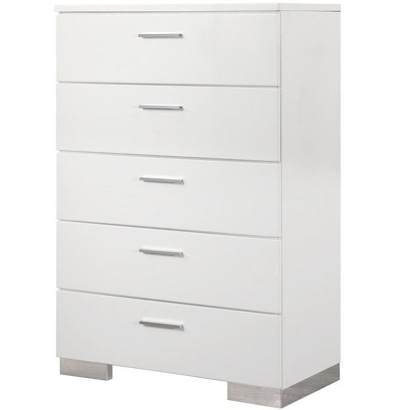Bowery Hill MDF Glossy White and Silver 5-Drawer Chest Contemporary 51