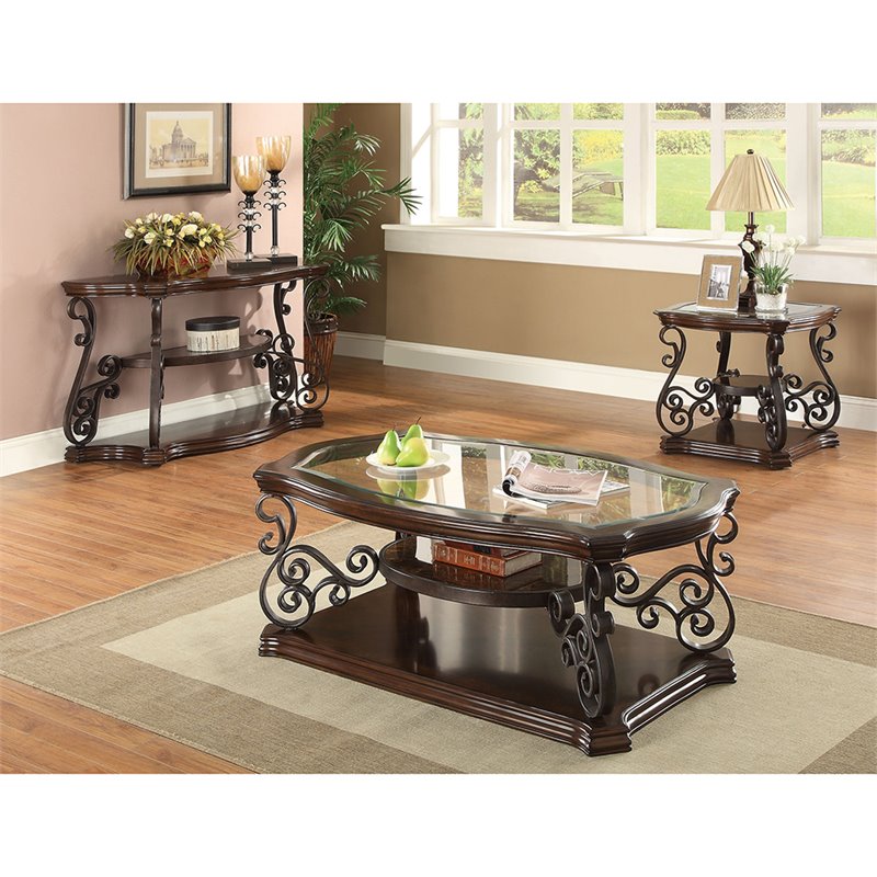 Bowery Hill 2-Shelf Glass Top Wood Rectangular Coffee Table in Deep Merlot
