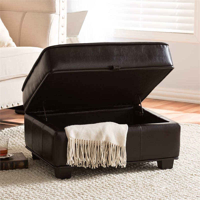 Bowery Hill Bi-Cast Leather Dark Brown Ottoman Square Lift-Top Storage 25