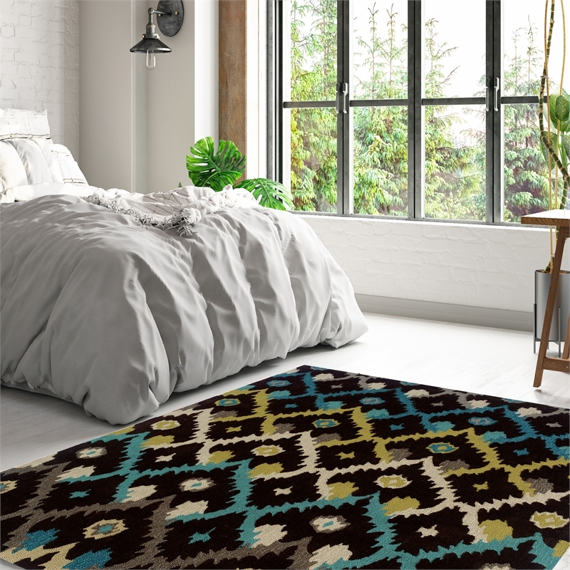 Bowery Hill 96'' x 120'' Transitional Fabric Hand Tufted Rug in Black/Teal