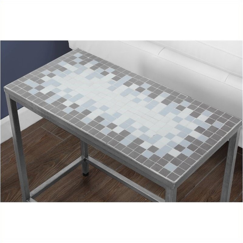 Bowery Hill Blue Tile Top Accent Side Table in Hammered Silver