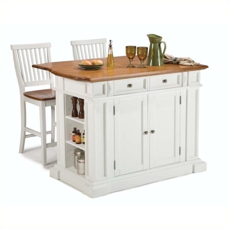 Bowery Hill Kitchen Island and Stools in White and Distressed Oak