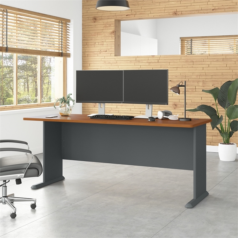 Bowery Hill Engineered Wood Cherry/Gray Computer Desk Rectangular Wire Management 72
