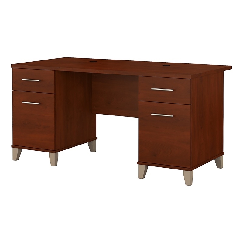 Bowery Hill Wood Hansen Cherry Office Desk Rectangular Wire Management 60