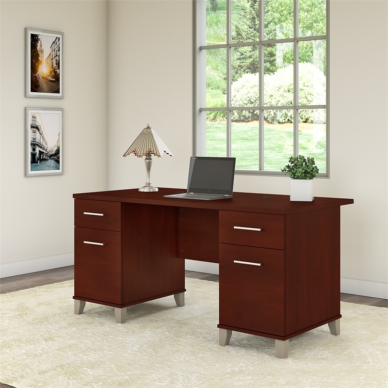 Bowery Hill Wood Hansen Cherry Office Desk Rectangular Wire Management 60