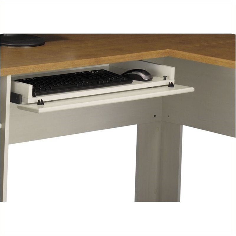 Bowery Hill L-Shaped Wood Computer Desk in Antique White and Tea Maple