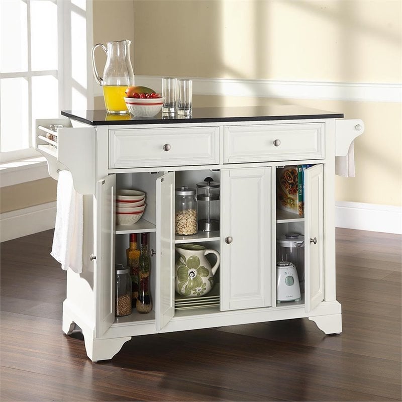Bowery Hill Solid Wood White/Black Kitchen Island Rectangular Granite Top Unassembled