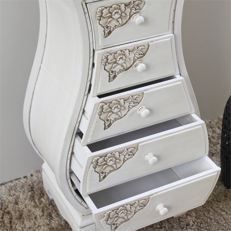 Bowery Hill 5-Drawer Hardwood Carved Bombe Chest in Antique White