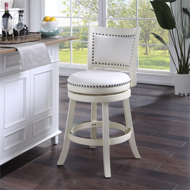 Bowery Hill Wood Bar Stool Chair in Buttermilk - Rotating Round Seat & Footrest