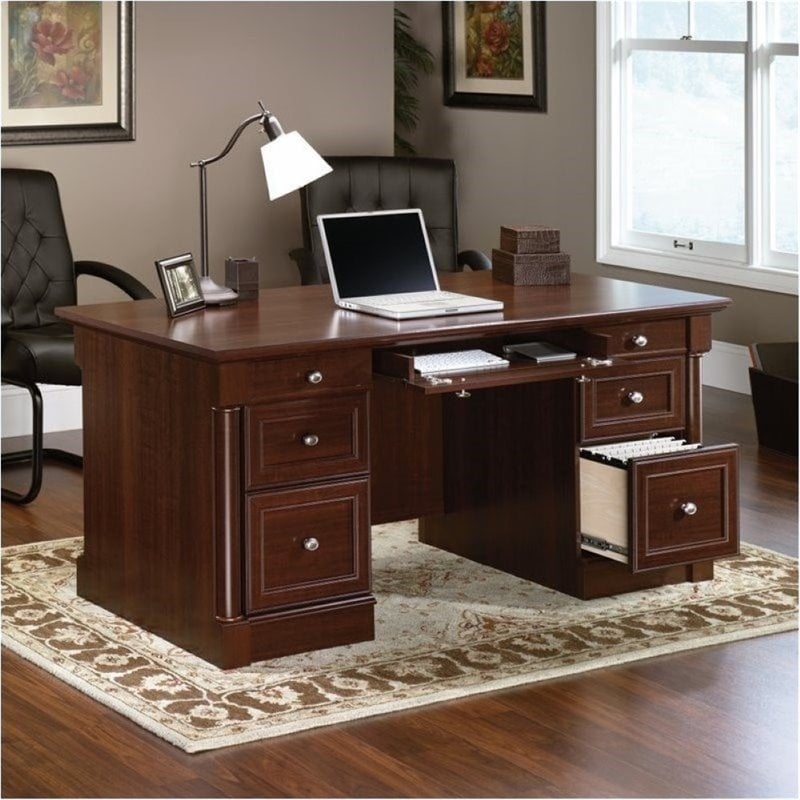 Bowery Hill Engineered Wood 6-Drawers Executive Desk in Select Cherry
