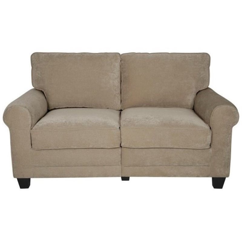 Bowery Hill Traditional Velvet Fabric Loveseat with 2 Pillows in Marzipan Beige