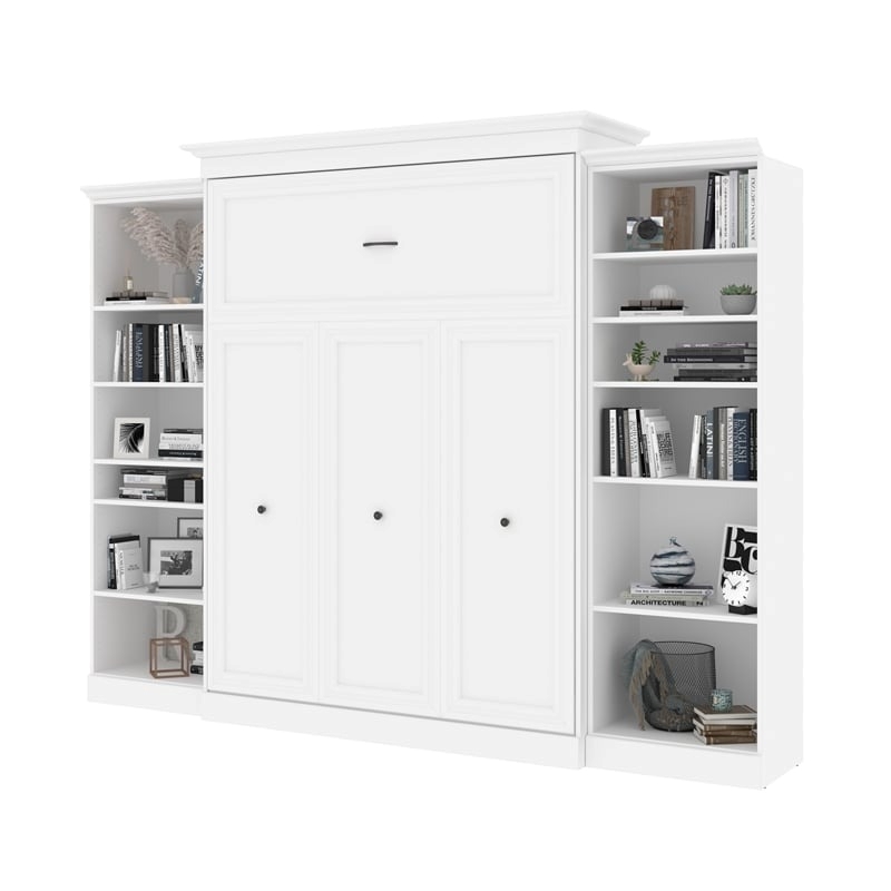 Bowery Hill Queen Size Murphy Bed in Wood with Shelves in White - Easy Assembly