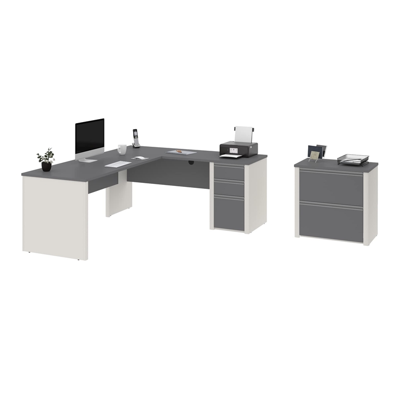 Bowery Hill L-Shaped Office Set with Lateral File in Sandstone