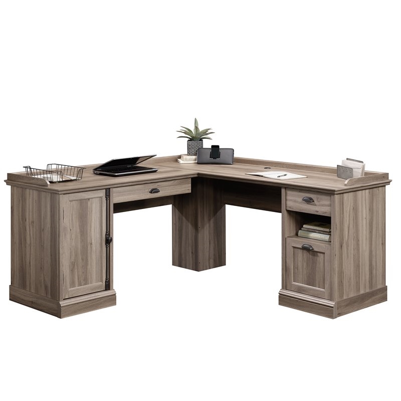 Bowery Hill Contemporary Wood L-Shaped Home Office Desk in Salt Oak