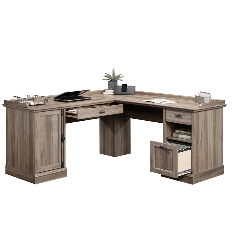 Bowery Hill Contemporary Wood L-Shaped Home Office Desk in Salt Oak