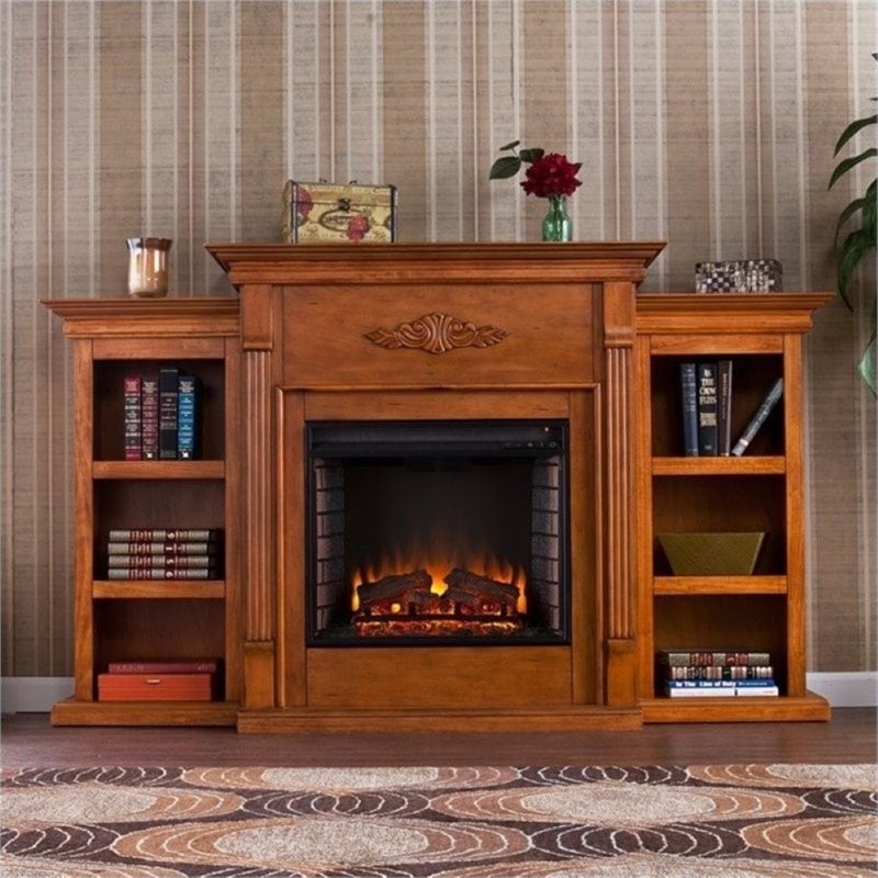 Bowery Hill Pine Glazed Electric Fireplace Rectangular Adjustable Thermostat 70.25
