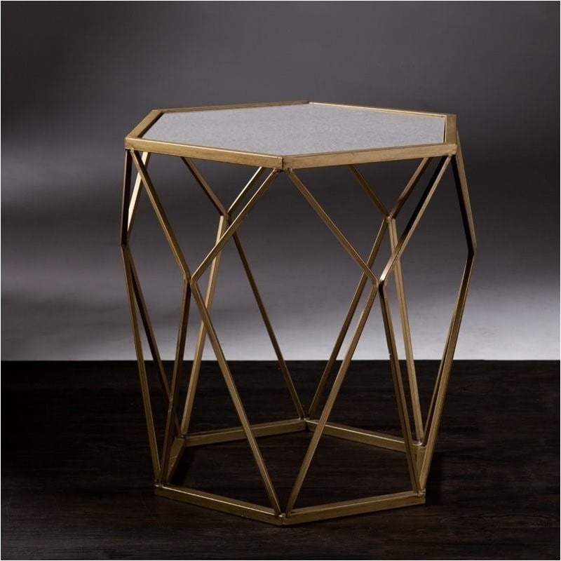 Bowery Hill Geometric Accent End Table in Gold with Antique Mirror