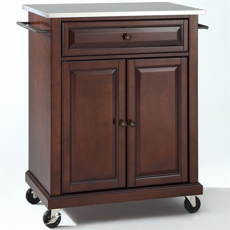 Bowery Hill Traditional Wood Kitchen Cart with Stainless Steel Top in Mahogany