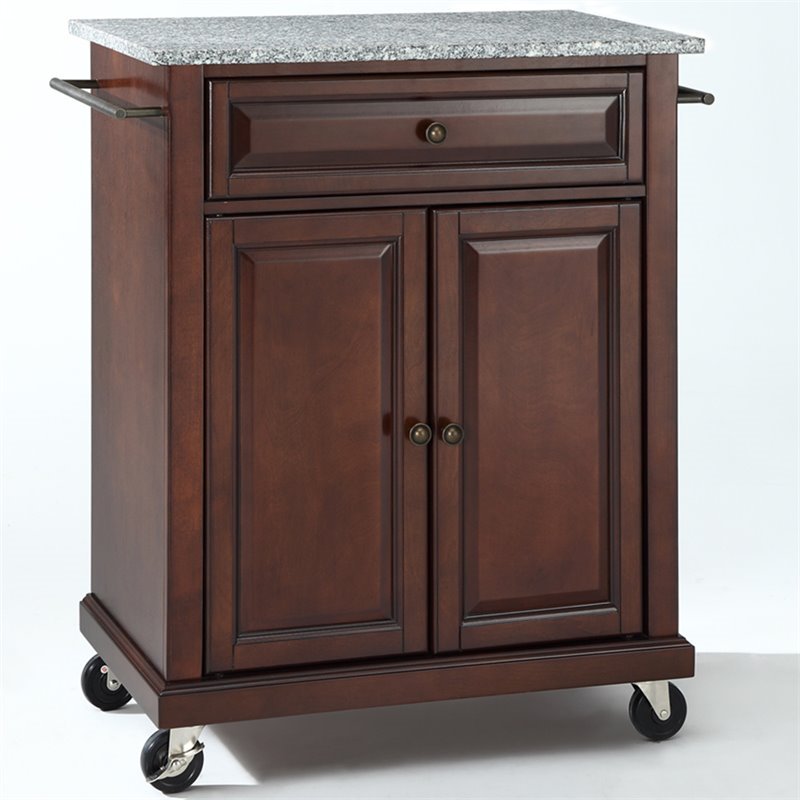 Bowery Hill Traditional Wood Kitchen Cart with Granite Top in Mahogany/Gray