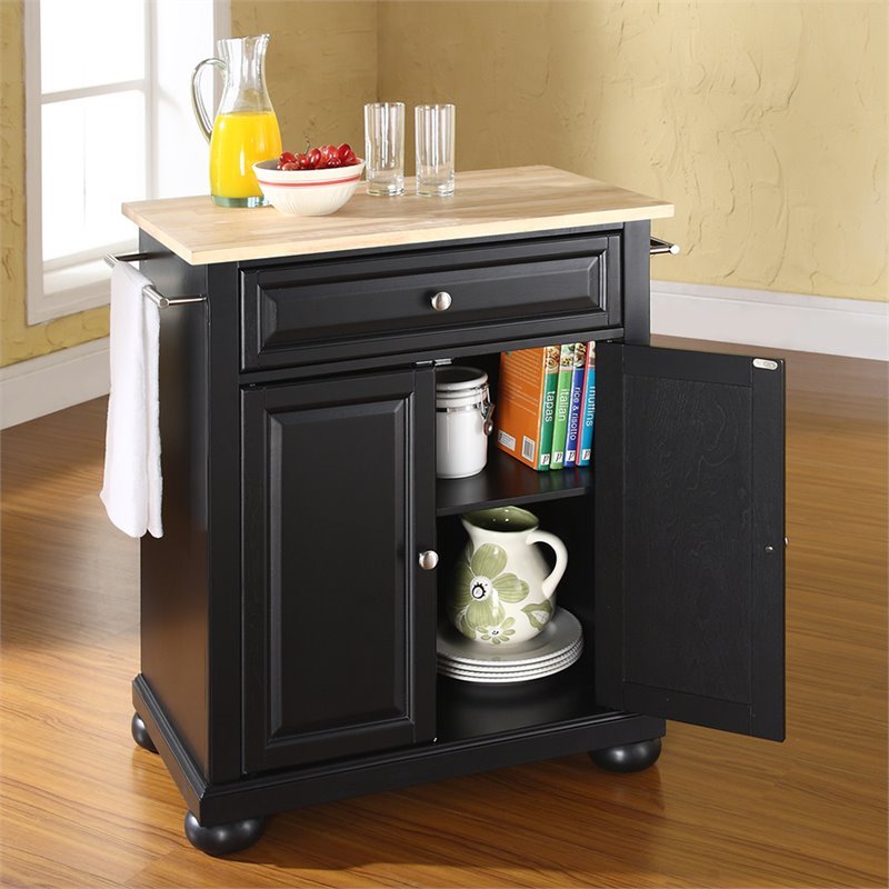 Bowery Hill Natural Wood Top Kitchen Island in Black