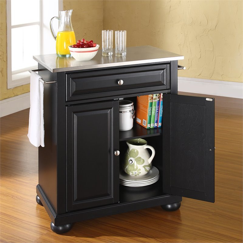 Bowery Hill Stainless Steel Top Kitchen Island in Black