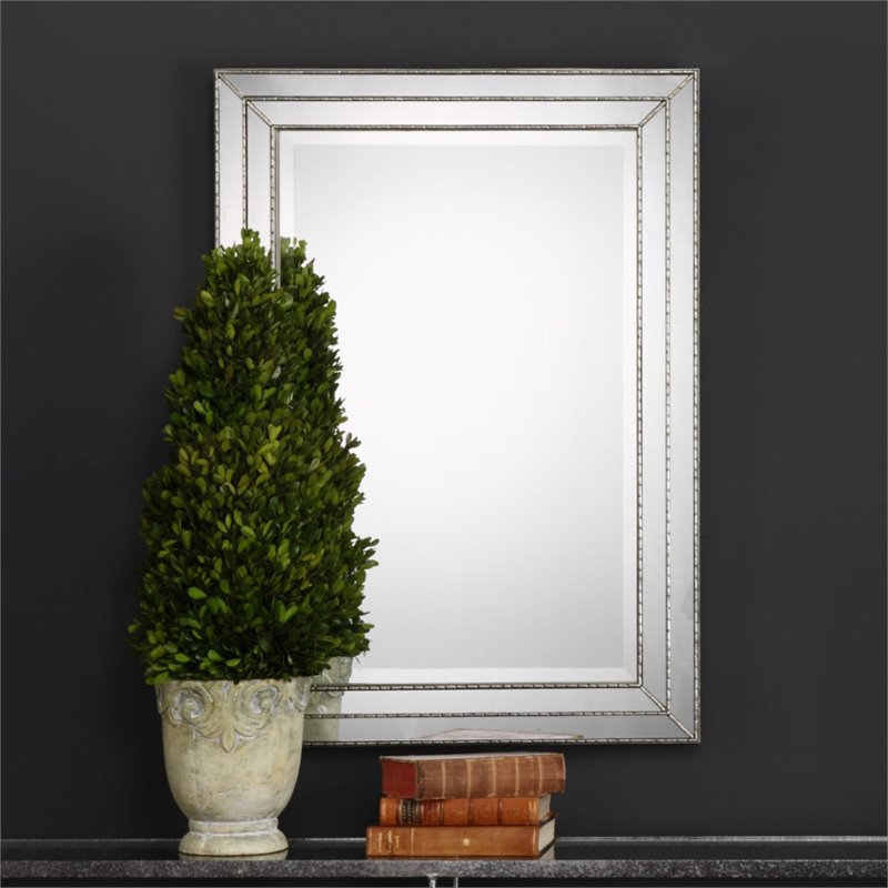 Bowery Hill MDF Metallic Silver Mirror Rectangular Grooved Texture 33.85