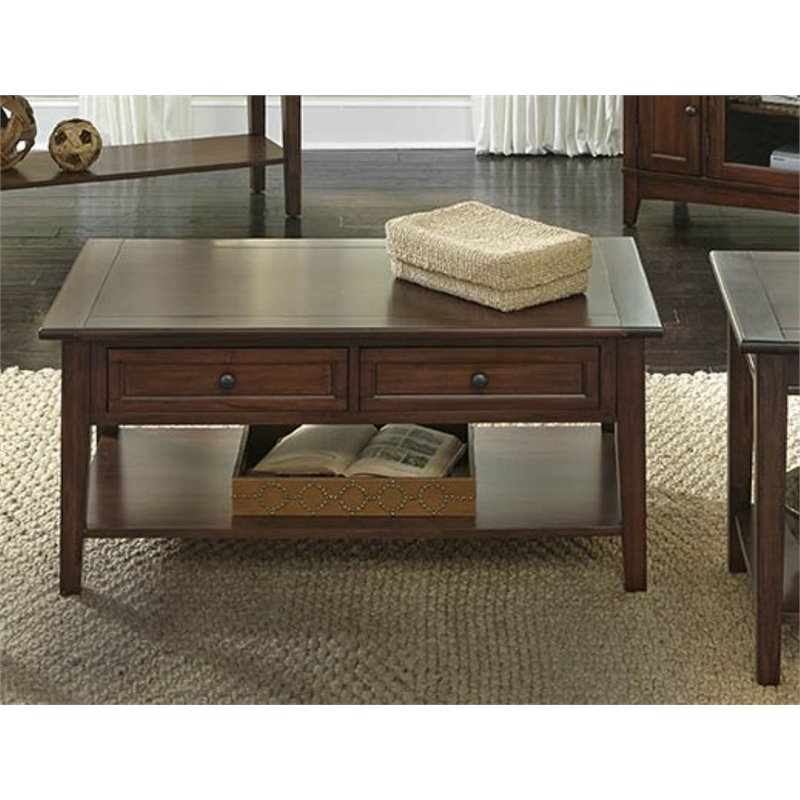 Bowery Hill Solid Wood Cherry Brown Coffee Table Rectangular Full Bottom Shelf 46