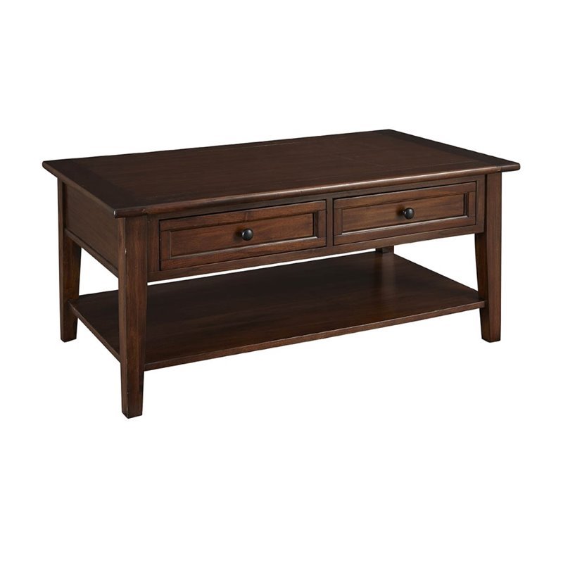 Bowery Hill Solid Wood Cherry Brown Coffee Table Rectangular Full Bottom Shelf 46