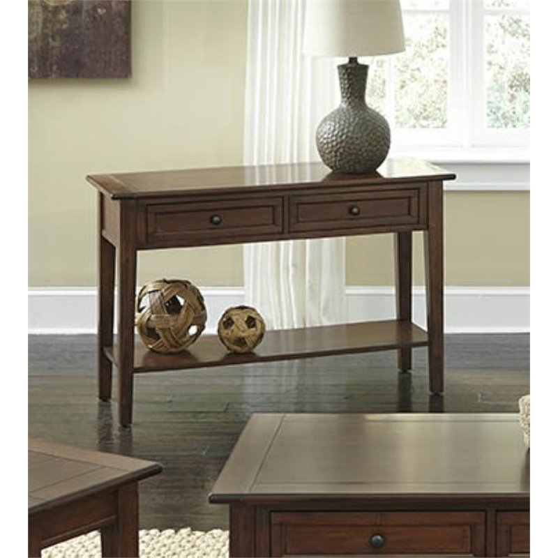Bowery Hill Solid Wood Cherry Brown Console Table Rectangular Full Bottom Shelf 30