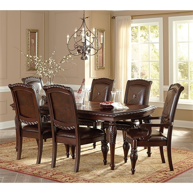 Bowery Hill Leather Cherry Dining Arm Chair Rectangular Hand Carved 44