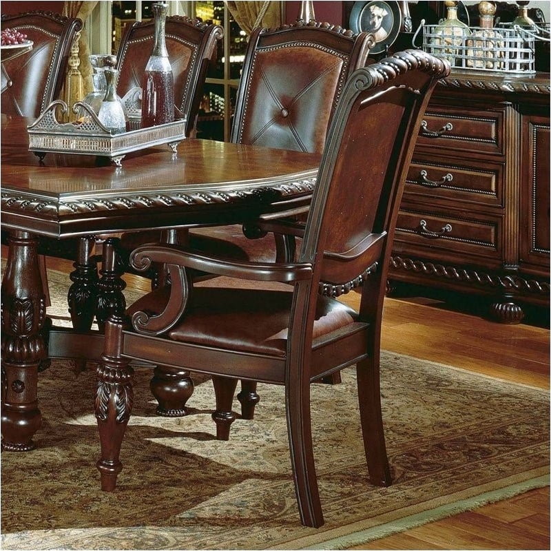 Bowery Hill Leather Cherry Dining Arm Chair Rectangular Hand Carved 44