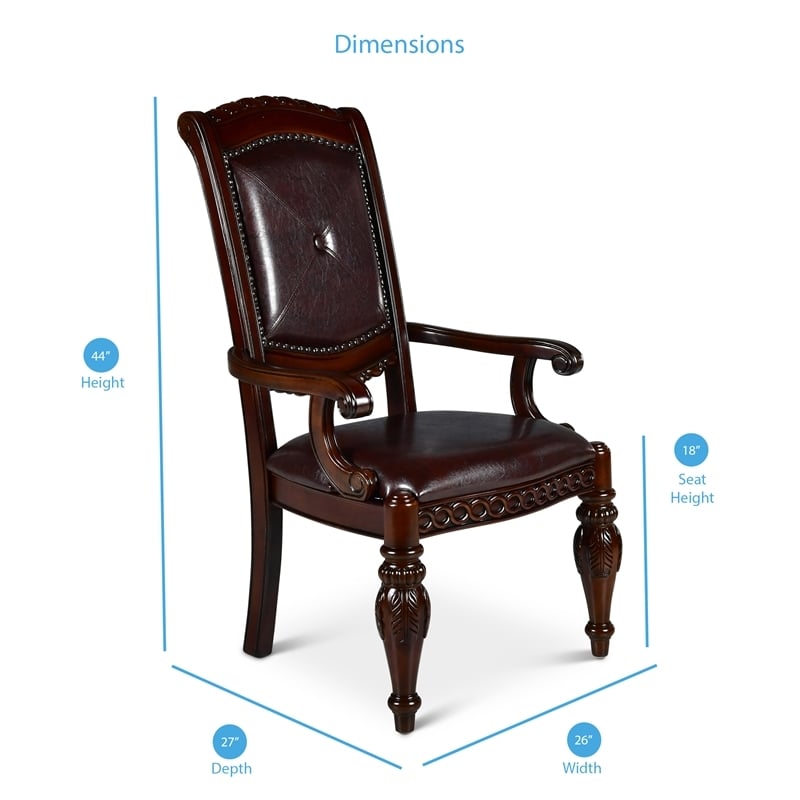 Bowery Hill Leather Cherry Dining Arm Chair Rectangular Hand Carved 44