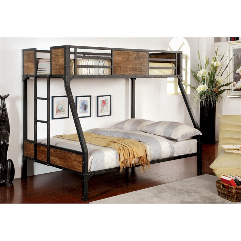 Bowery Hill Steel Metal Wood Black Bunk Bed Twin Over Full Rectangular 78.38